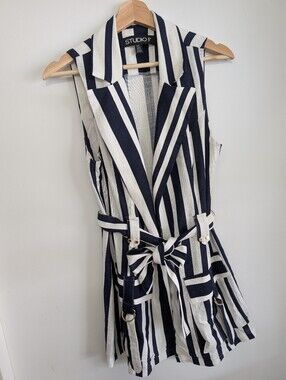 Studio F Small Sleeveless Tunic Top Linen Mix Blouse Tie Wrap Vest Sailor Stripe